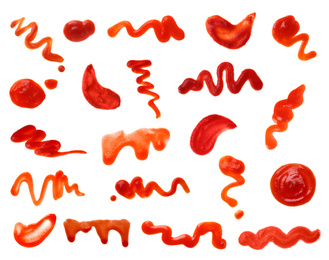 Image of Set of tasty tomato sauce on white background