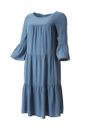 Photo of Beautiful blue ruffle dress on white background