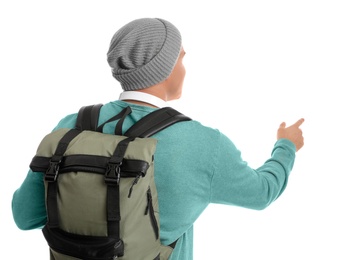 Photo of Man with backpack on white background, back view. Autumn travel