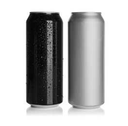 Photo of Aluminum cans with drinks on white background