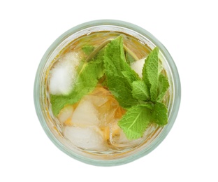 Photo of Glass of delicious mint julep cocktail on white background, top view