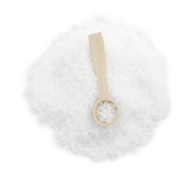 Heap of natural salt and wooden spoon isolated on white, top view