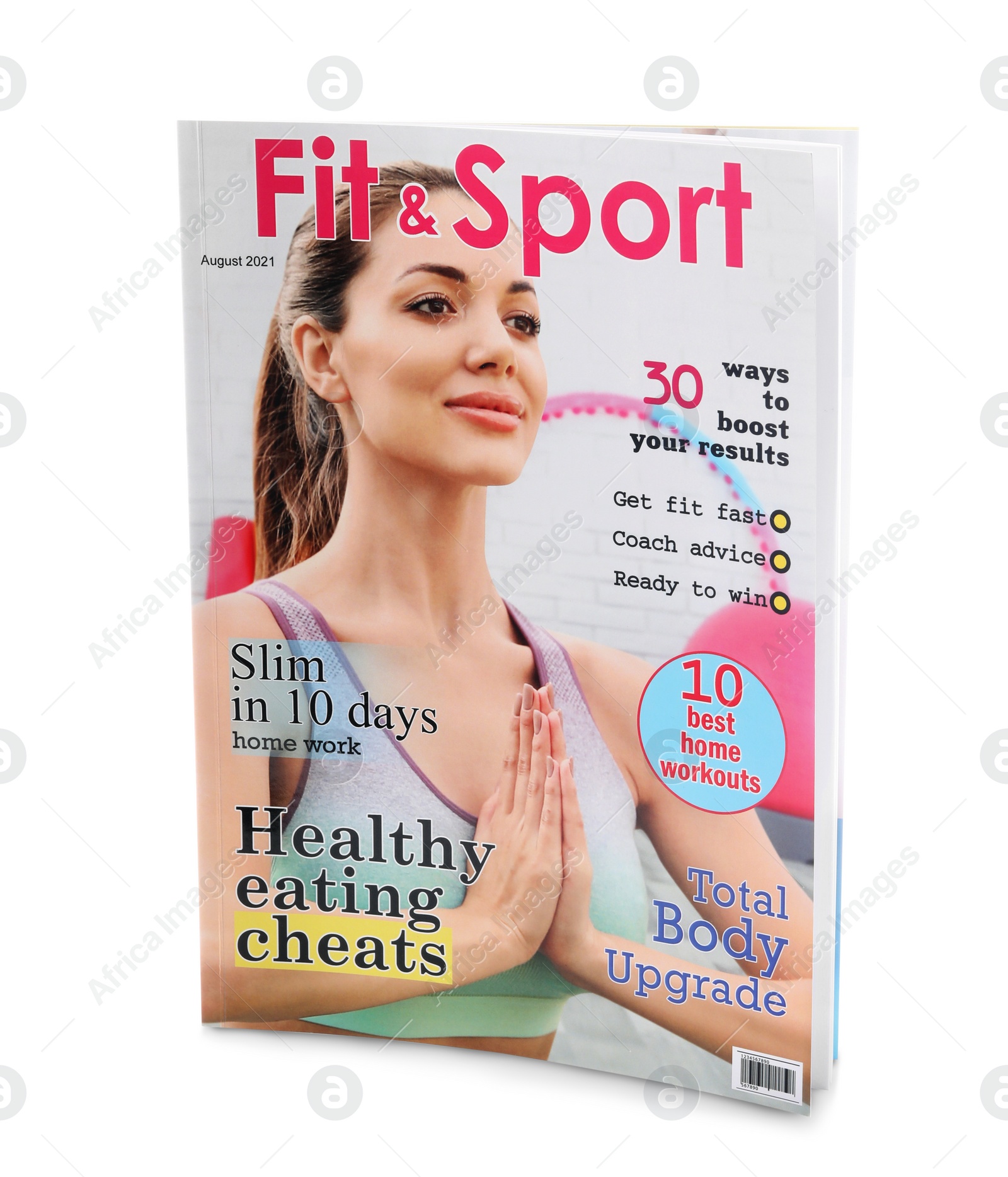 Photo of Modern printed sportive magazine on white background