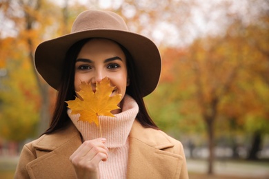 Young woman in stylish clothes holding yellow leaf outdoors, space for text. Autumn look