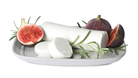 Photo of Delicious goat cheese with fresh figs and rosemary on white background