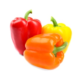 Fresh ripe bell peppers on white background