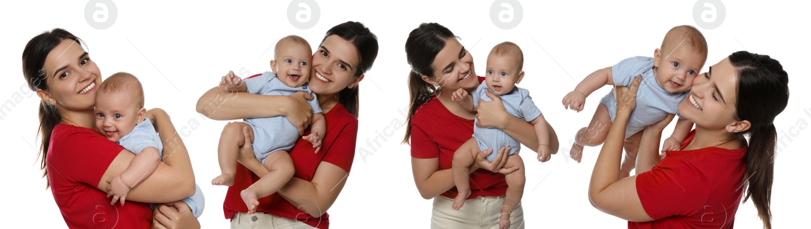 Image of Collage with photos beautiful mother and her cute baby on white background. Banner design