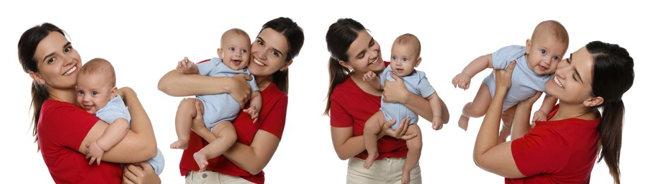 Image of Collage with photos beautiful mother and her cute baby on white background. Banner design