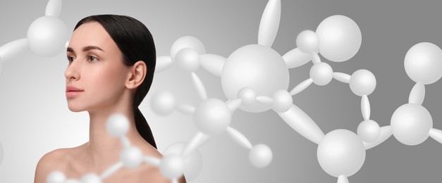 Beautiful woman with perfect healthy skin and molecular model on grey background, banner design. Innovative cosmetology