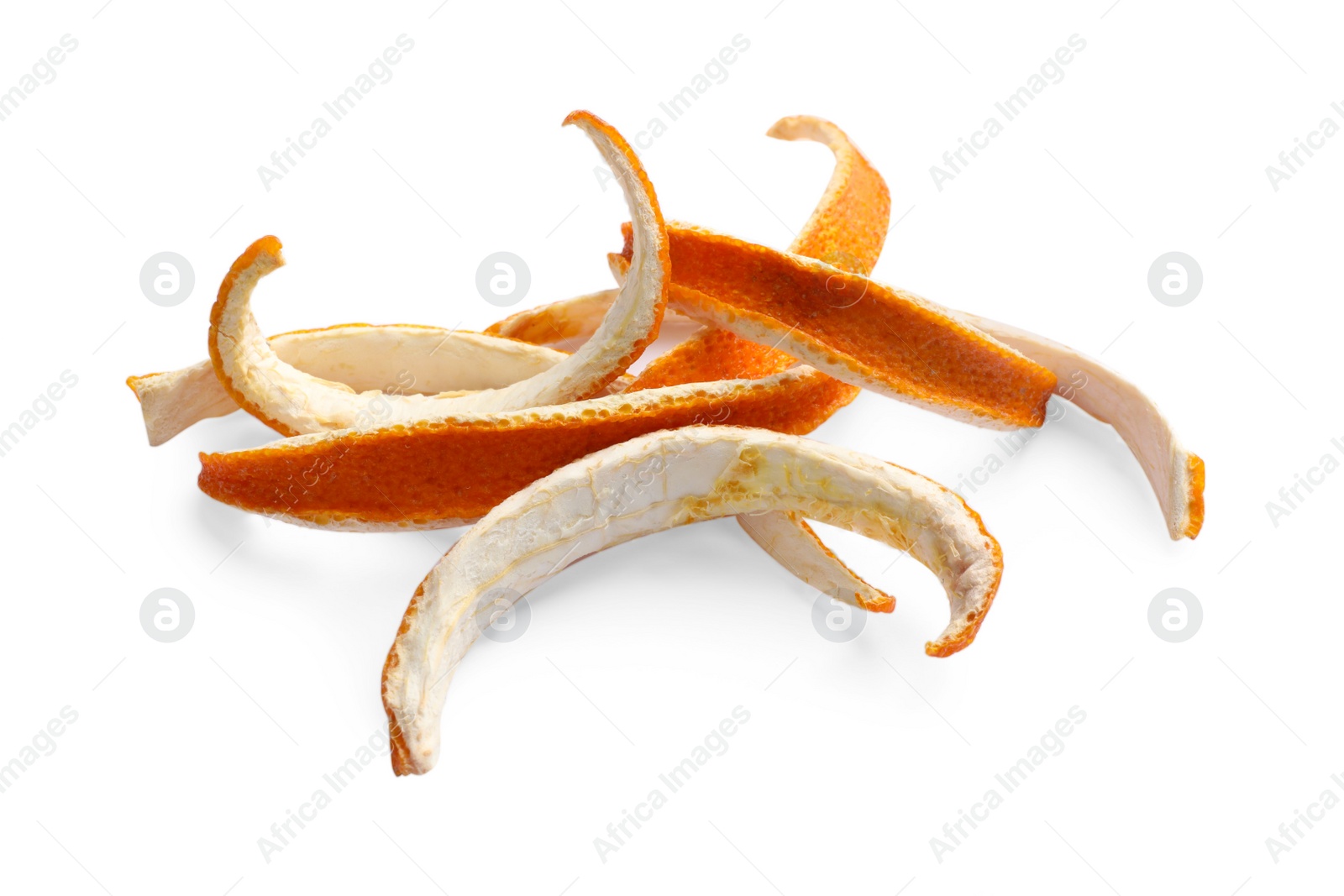 Photo of Pile of dry orange peels on white background