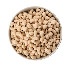 Photo of Shelled peanuts in bowl on white background, top view