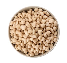 Shelled peanuts in bowl on white background, top view