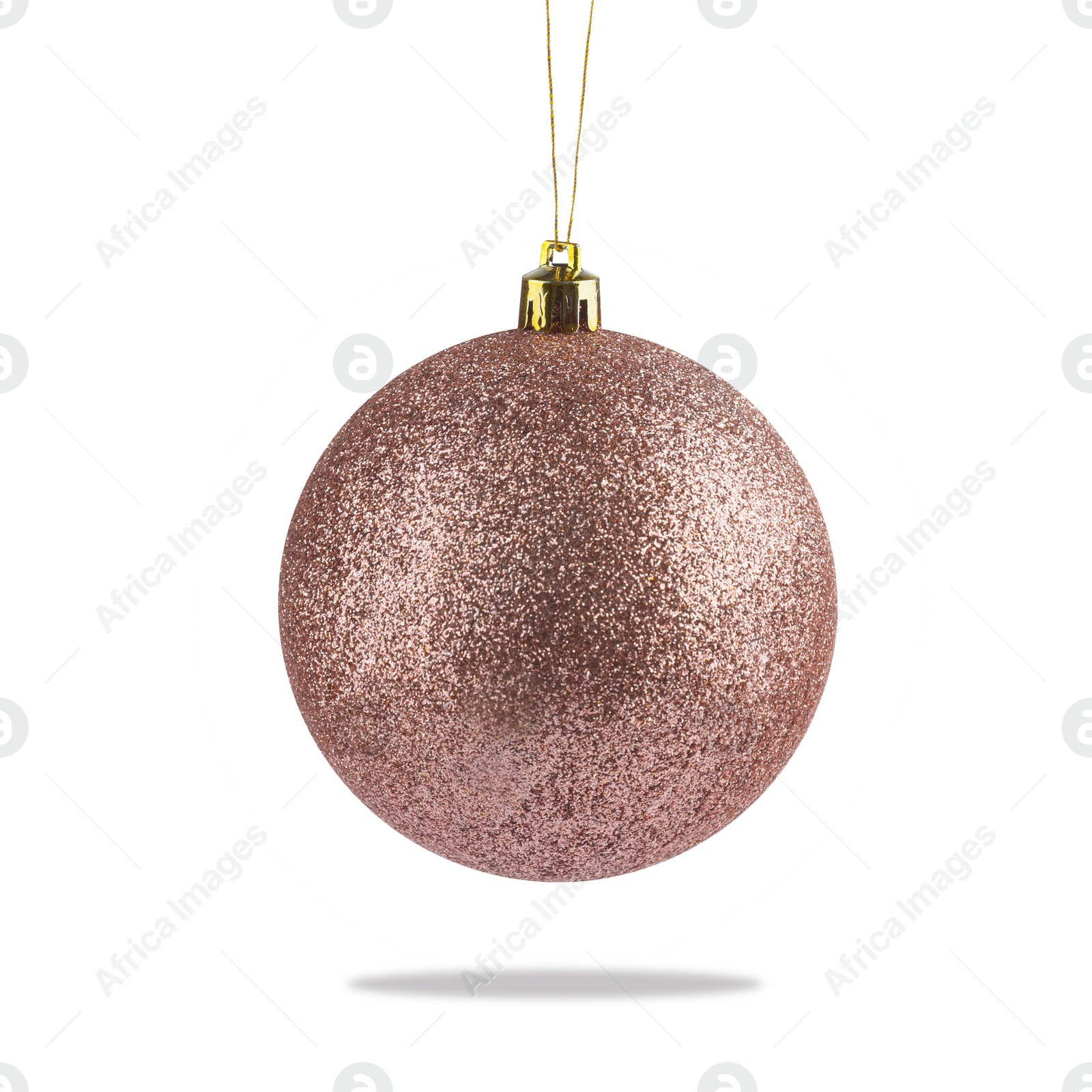 Image of Beautiful glittery Christmas ball hanging on white background