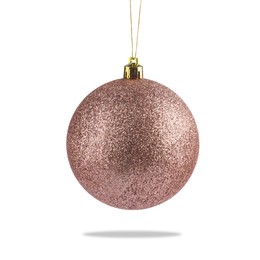 Beautiful glittery Christmas ball hanging on white background