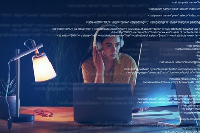 Image of Programmer with headphones working in office at night