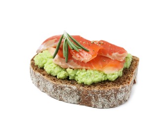 Photo of Delicious sandwich with salmon, avocado and rosemary isolated on white