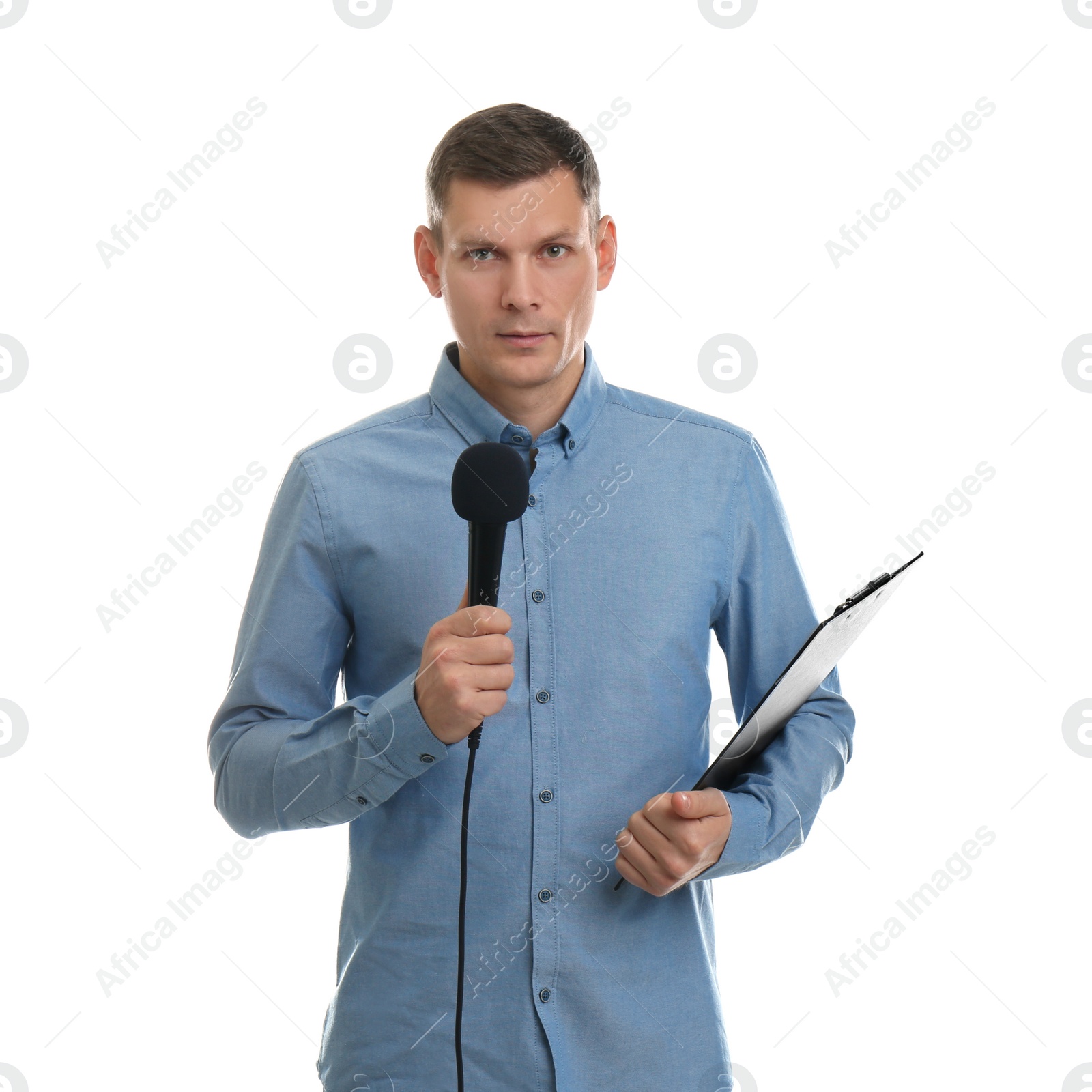 Photo of Male journalist with microphone and clipboard on white background