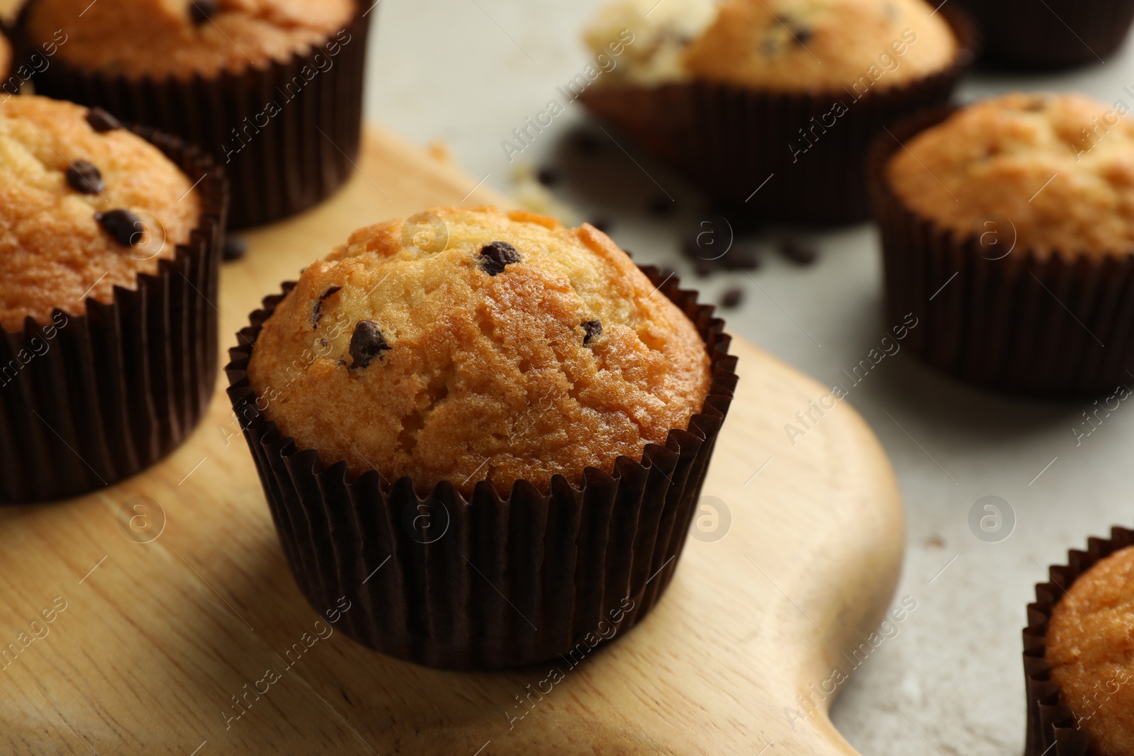 Photo of Delicious sweet muffins with chocolate chips on grey table, closeup