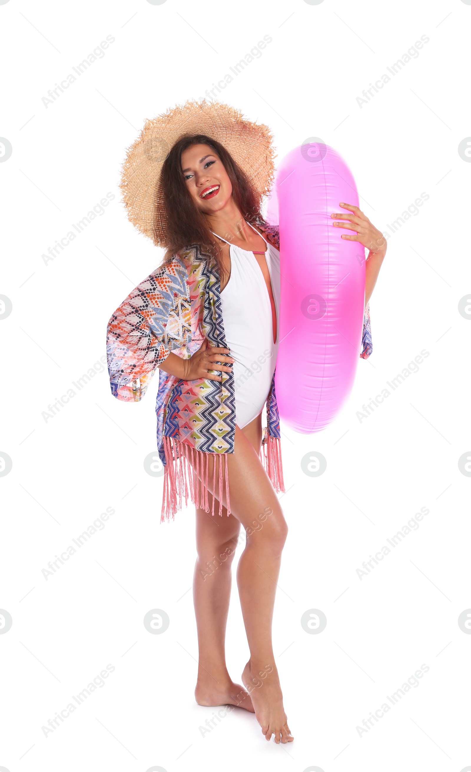 Photo of Beautiful young woman with inflatable ring on white background