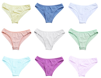 Set of women's underwear on white background