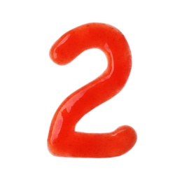 Number 2 written with red sauce on white background