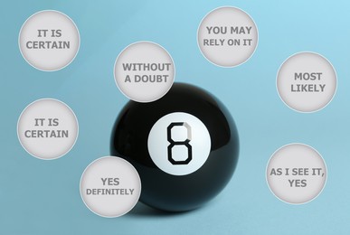 Image of Magic eight ball and positive predictions around it on light blue background