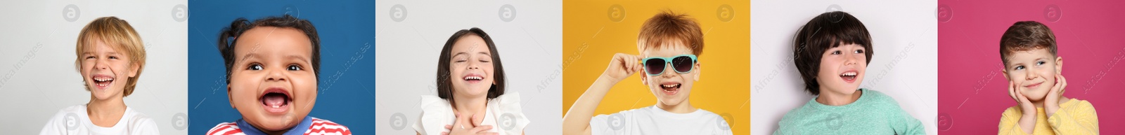 Image of Collage with portraits of happy children on different color backgrounds