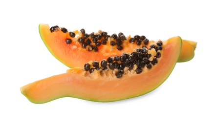 Fresh ripe papaya slices on white background