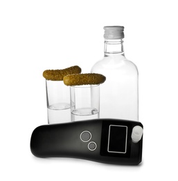 Photo of Modern breathalyzer and alcohol on white background