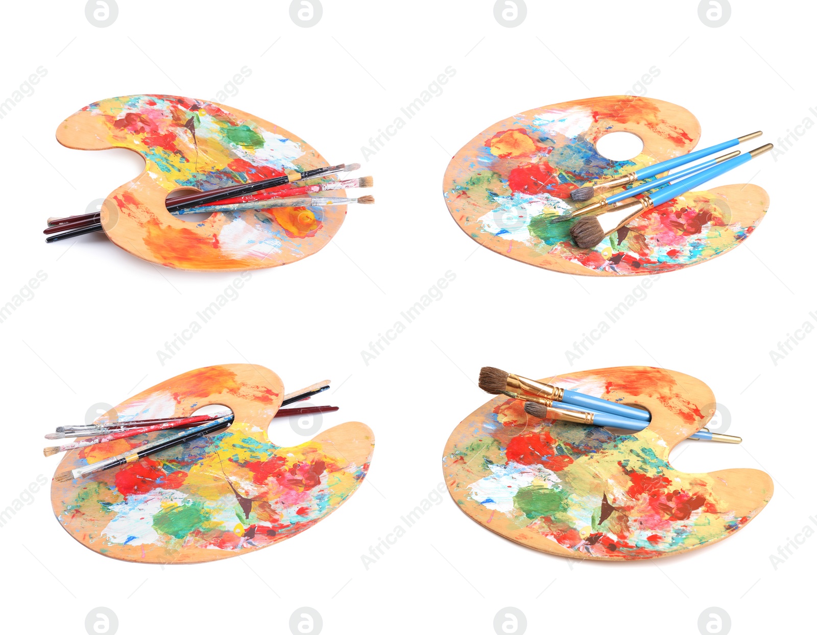 Image of Palettes with paints and brushes on white background, collage