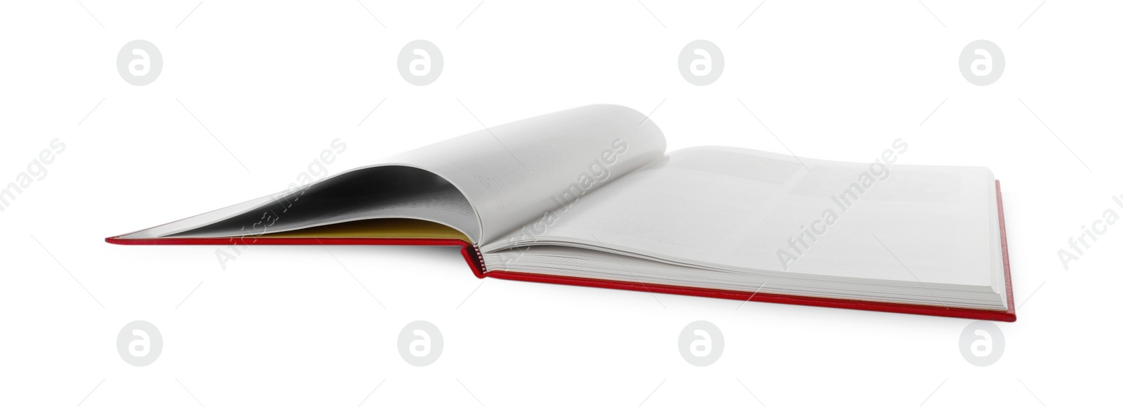 Photo of Open book with hard cover on white background