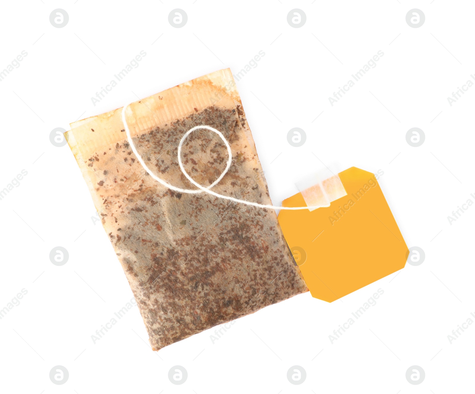 Photo of Used tea bag on white background, top view