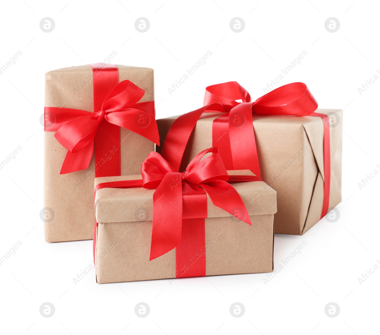 Photo of Different Christmas gift boxes on white background