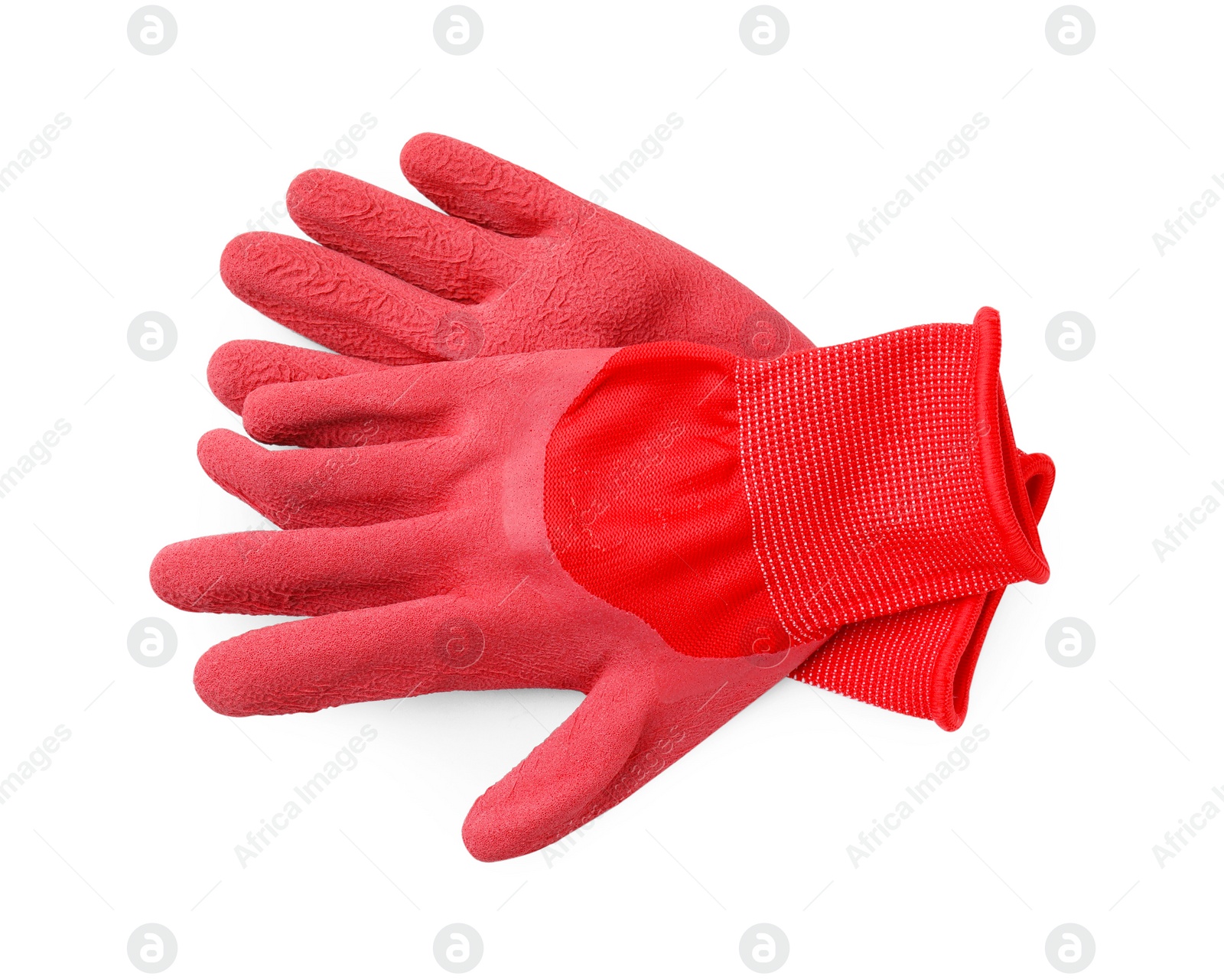 Photo of Pair of red gardening gloves isolated on white, top view