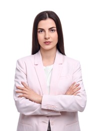 Photo of Beautiful businesswoman crossing arms on white background