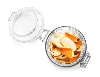 Photo of Glass jar with dry orange peels isolated on white, top view