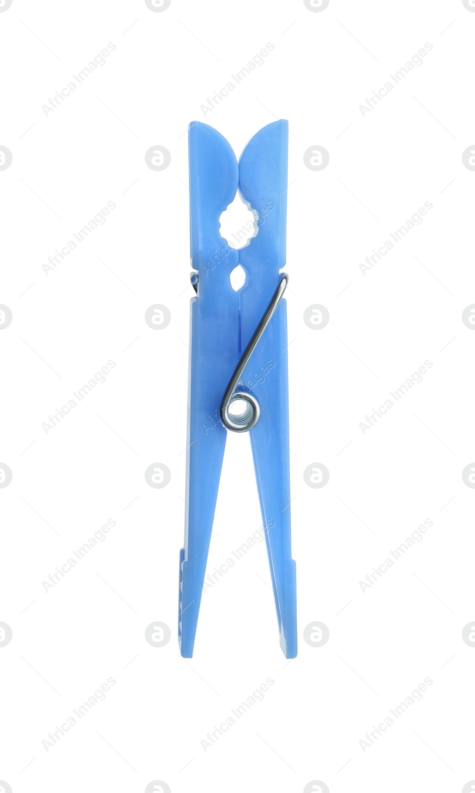 Photo of Bright light blue plastic clothespin isolated on white