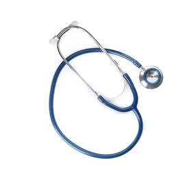 Photo of Stethoscope on white background, top view. Medical object