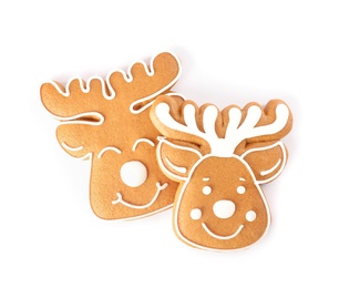 Photo of Deer shaped Christmas cookies on white background, top view