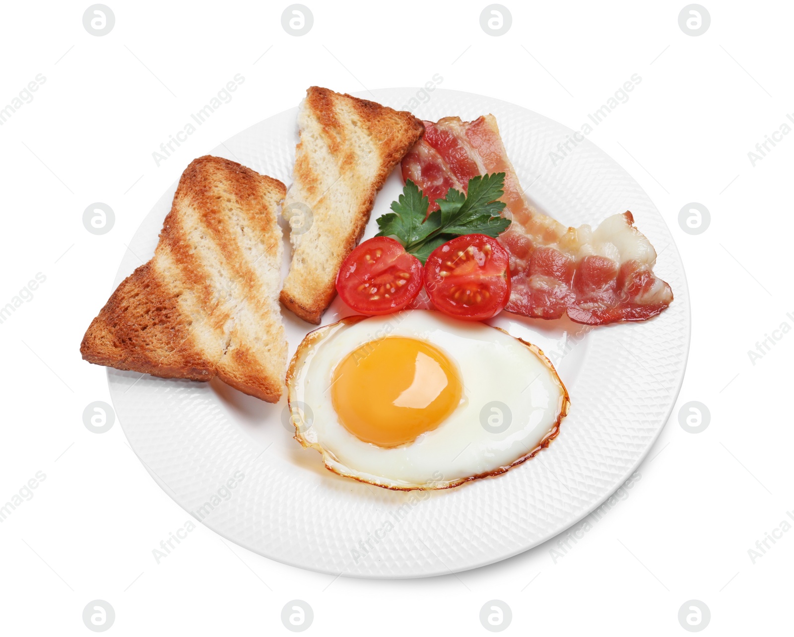 Photo of Plate with delicious fried egg, bacon and toast isolated on white