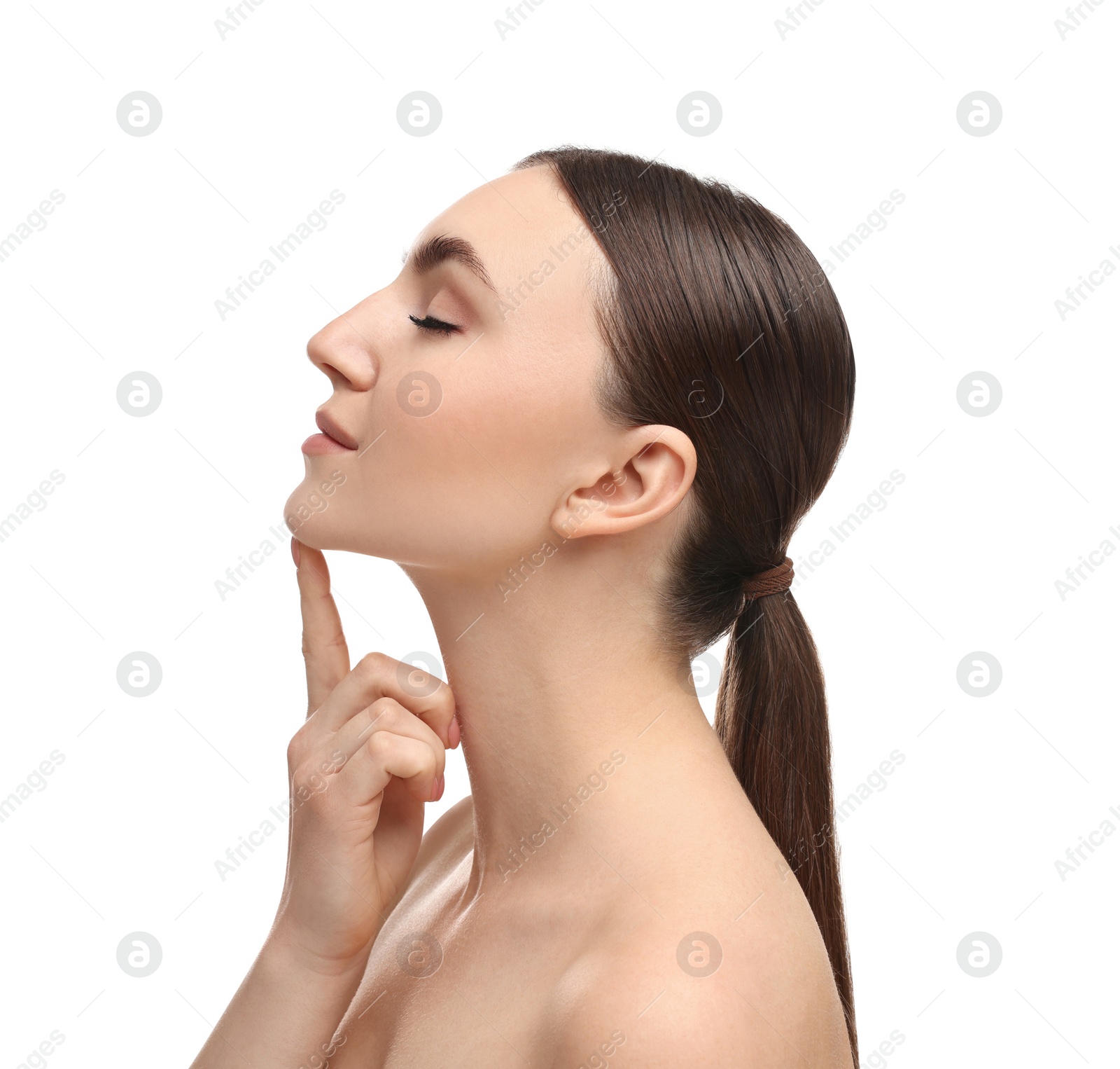 Photo of Beautiful woman touching her chin on white background