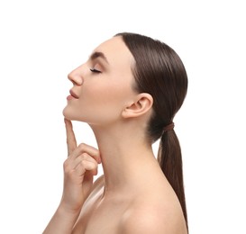 Photo of Beautiful woman touching her chin on white background