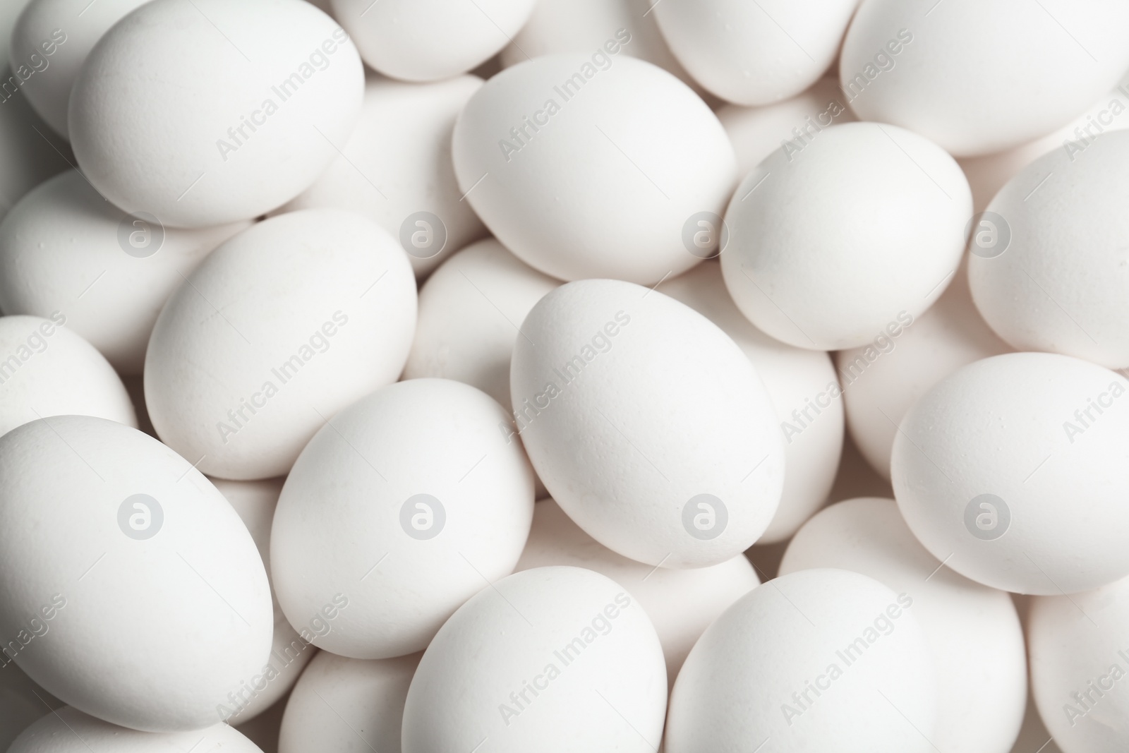 Photo of Fresh raw white chicken eggs as background, above view