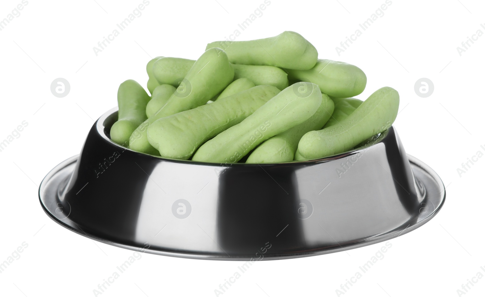 Photo of Bone shaped dog cookies in feeding bowl isolated on white