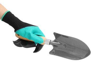 Photo of Woman in claw gardening glove holding trowel on white background, closeup