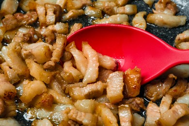 Photo of Frying cracklings in cookware, closeup. Pork lard