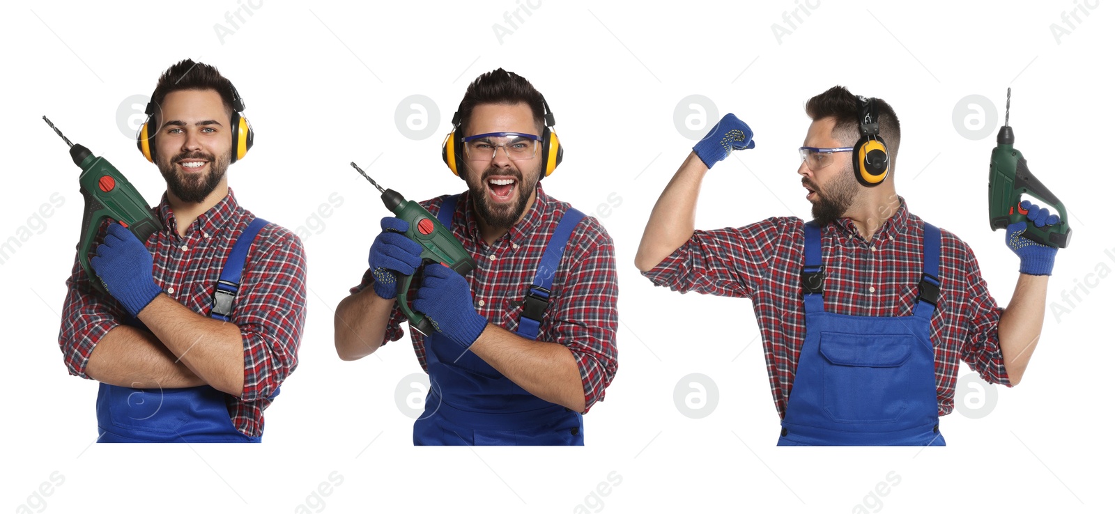 Image of Collage with photos of young worker in uniform with power drill on white background. Banner design