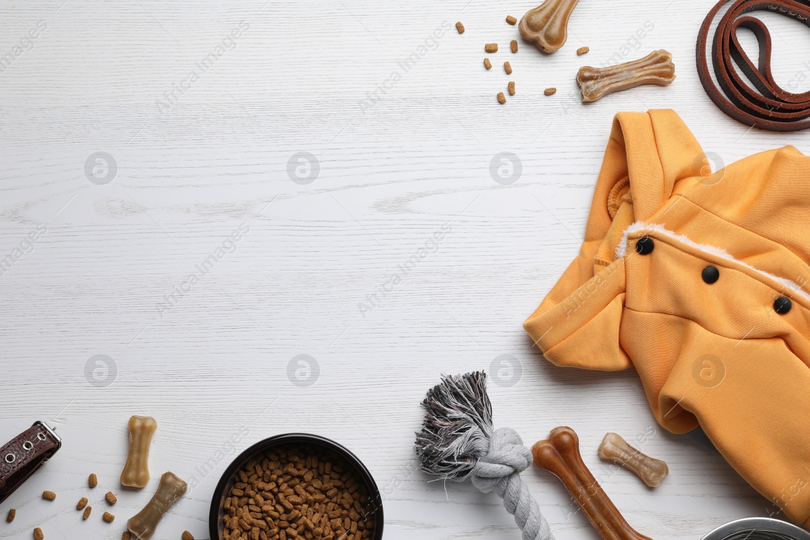 Photo of Flat lay composition with dog clothes, food and accessories on white wooden table. Space for text