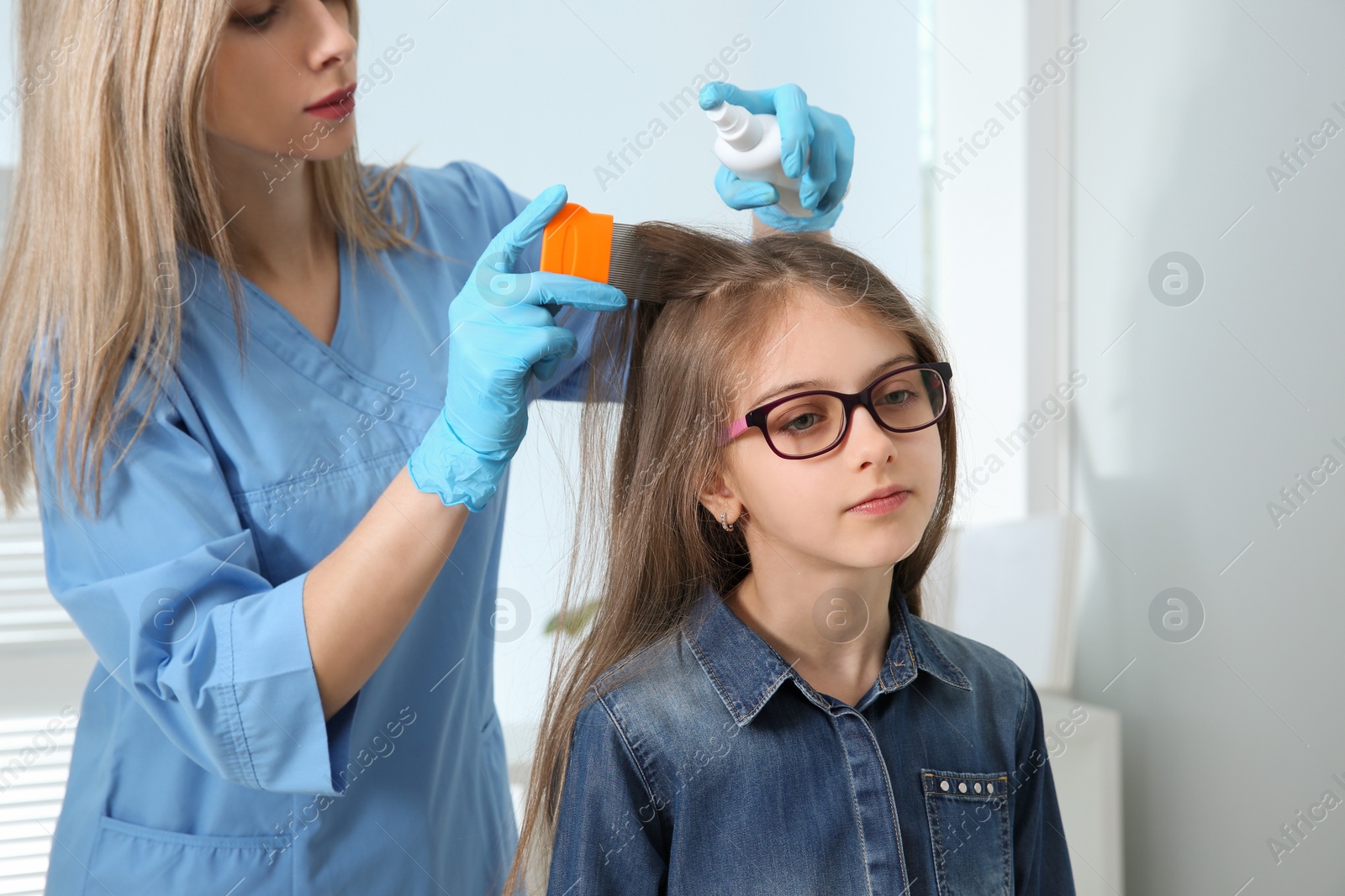 Photo of Doctor using nit comb and spray on girl's hair indoors. Anti lice treatment