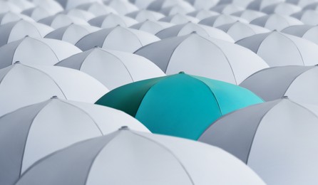 Image of Turquoise umbrella standing out of other ones 